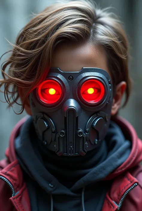 Young Star-lord from guardians of the galaxy, Star-lord mask, covered face, Covered mouth, Round & Red eyes, red eyes, detailed mask, free hair