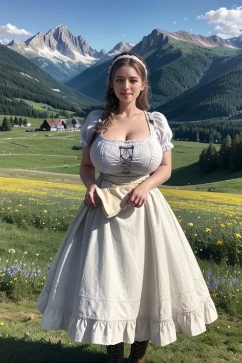 Big Tits,Big Ass,

“A Bavarian woman in a traditional dirndl, featuring a fitted bodice, a white blouse, and a full skirt with a floral pattern. The look is completed with an apron tied at the waist and lace-up boots. She is standing in a picturesque Alpin...