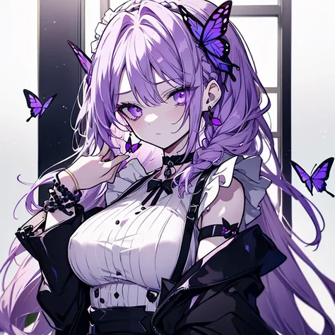 1 girl、Mature、Ample breasts、Long Hair、Long eyelashes、pale purple hair、Maid clothes、choker、Earrings、bracelet、monotone、Miniskirt、Boring face、Braid、Bad mood、Glare、Dark Cafe、cake、garter、Butterfly Accessories、