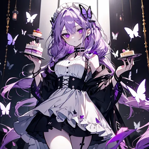 1 girl、Mature、Ample breasts、Long Hair、Long eyelashes、pale purple hair、Maid clothes、choker、Earrings、bracelet、monotone、Miniskirt、Boring face、Braid、Bad mood、Glare、Dark Cafe、cake、garter、Butterfly Accessories、