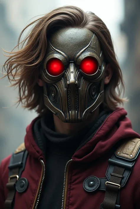 Young Star-lord from guardians of the galaxy, Star-lord mask, covered face, Covered mouth, Round & Red eyes, red eyes, detailed mask, free hair, Full body