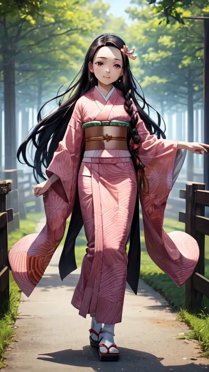 (((work of art))), nezuko, 1 girl, bamboo, bit gag, chestnut hair, checkered belt, gag, gagged, gradient hair, hair cinta, Haori, Japanese clothing,  kimono, long hair, looking ahead at viewer, multicolored hair, hair orange, pink eyes, pink kimono, pink c...