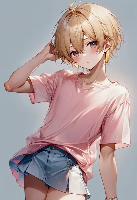 Anime style, Highres, Masterpiece, Best quality at best, Best Quality, hight quality, hight detailed, 1boy, (little boy), cute boy, wears a pink short shirt, boy chest, mini jean skirt, without breasts, beautiful long legs, cuffed, hot summer, boy flirty p...