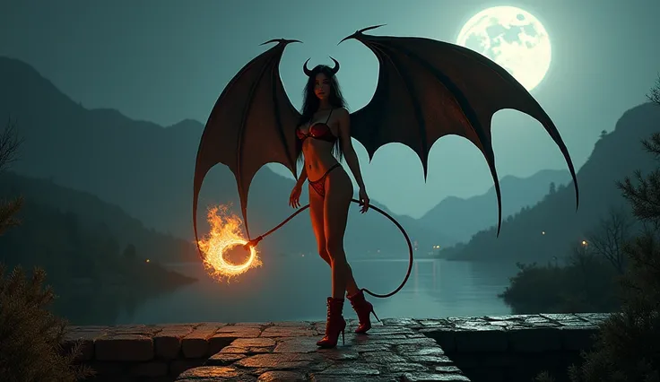 Full moon night、Devil woman posing sexy on ancient stone bridge。She has red leather boots and、She is wearing a cross-strap top、The abdomen and shoulders are exposed。Large black wings spread across his back、A fire-breathing tail swings from its waist.。Her h...