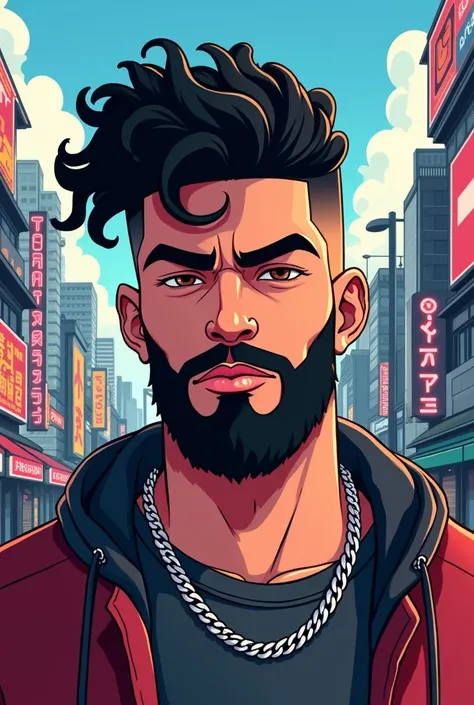 2d animation. Portrait of a man, with Black curly hair with a complete buzz cut, black eyebrows, A thick, black, curly and well-groomed beard, small hazel eyes. dressed in urban clothing and a pair of diamond chains around the neck. In the background is th...