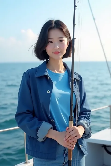 Highly realistic 8k photos, sea background, standing on a boat, holding a fishing rod, Korean woman, Wearing a blue T-shirt and a blue jacket on top, Wearing jeans, standing face to face, Looking at the camera, short hair, A little smile, Full focus