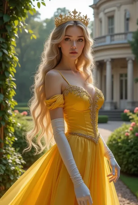 an extremely beautiful woman, White skin, Brown eyes, Long blonde hair, Brown eyes, small nose, full lips, very feminine features, with a very beautiful yellow dress, white gloves, a crown, in the middle of a castle garden 