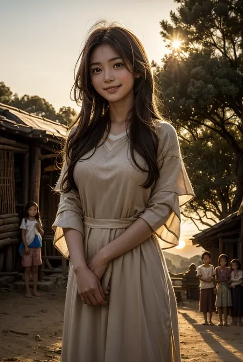 Ayu stands in the middle of the village with a proud smile on her face, surrounded by children and villagers who are grateful. In the background, the setting sun creates a warm and hopeful scene. Long Hair, Brown Hair,, High Resolution, 1girl, Large breast...