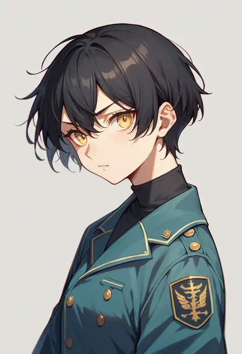 short hair,Black Hair,The hair is navy blue,Pale yellow eyes,