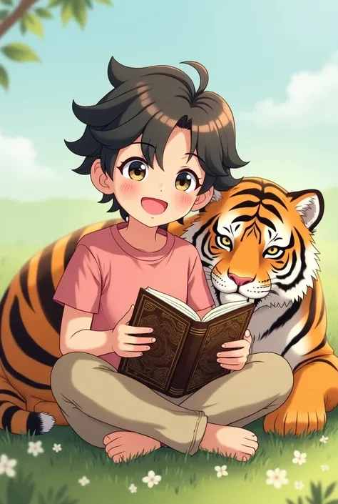 I want an image of an anime boy smiling with a pink shirt, beige pants, half-haired, book with a tiger next to him