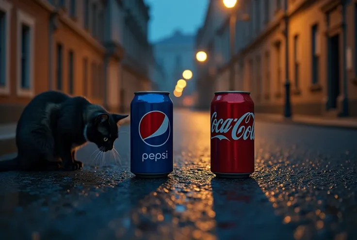 A can of Pepsi with a Coca-Cola can next to it on the street at night and a cat next to it, with road lights , 4K