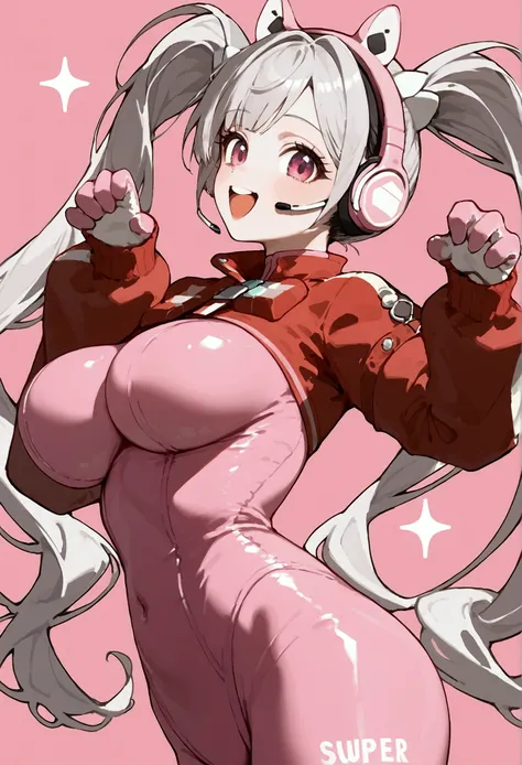 score_9, score_8_up, source_anime, big breasts, 1girl, solo, alicedef, twintails, very long hair, grey hair, fake animal ears, headset, pink eyes, pink bodysuit, shrug (clothing), multicolored gloves, latex, from side, arched back, happy, paw pose, pink ba...