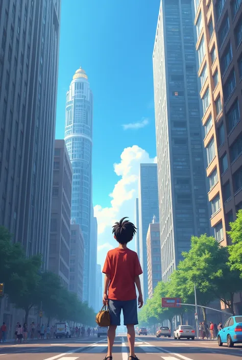 Create an image of Ravi () arriving in the big city, looking up at tall buildings with a mix of awe and determination. He is carrying a small bag, symbolizing his humble beginnings. (3D anime style)
"Ravi apne sapno ke saath sheher pahucha."