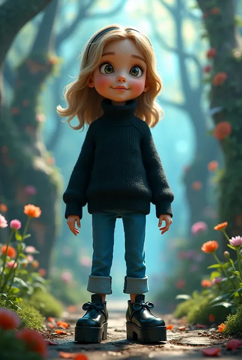 Alice  girl in wonderland with black platform Mary janes wearing black jumper with blue jeans