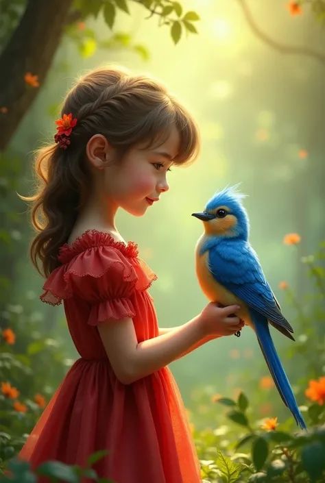 Child in red dress talking to blue bird