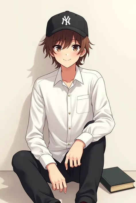 I want an image of an anime boy smiling with a white shirt, black pants, medium brown hair and a black ny cap with a book next to him