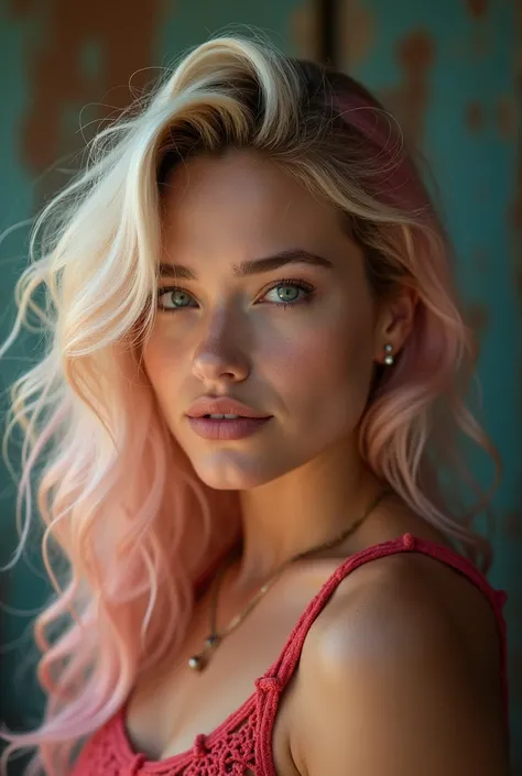 gritty candid raw  portrait, close-up photo of a young 20 year old beautiful, big lips, full body, high cheekbones, playful, Danish and Korean mixed race, busty, long curly blonde and neon pink undercut hair, realistic skin texture, very tall and athletic,...