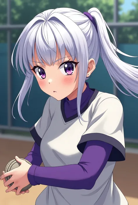 white hair、Purple Eyes、Single ponytail、Girl、High school student、baseball、Light-colored tops、Purple long sleeve underwear、Gym