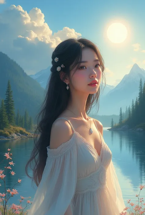 1 girl, happy expression, charming eyes, long straight hair, flowing skirt, big fit ass, looking at the sun, calm posture, Porcelain-like skin, blush sutil, crystal pendant, golden hour time, (Edge lighting): 1.2, cool colors, sun glare, softshadows, shiny...