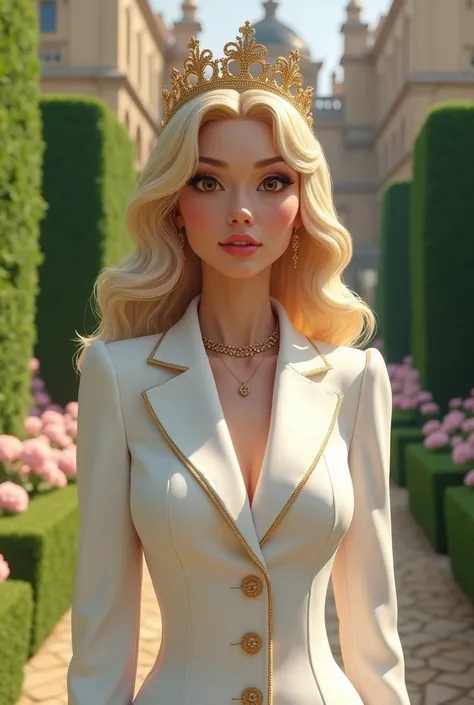 an extremely beautiful woman, Brown eyes, blond hair , Brown eyes, small nose, full lips, very feminine features, with a white feminine suit,a crown, in the middle of a castle garden 