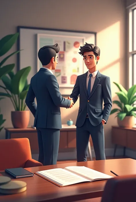 Show Ravi () signing a contract with a big company executive in an elegant office, with a look of disbelief and excitement. He is being congratulated, now wearing a formal suit as a new CEO. (3D anime style)
"Uska idea ek badi company ne kharid liya aur us...