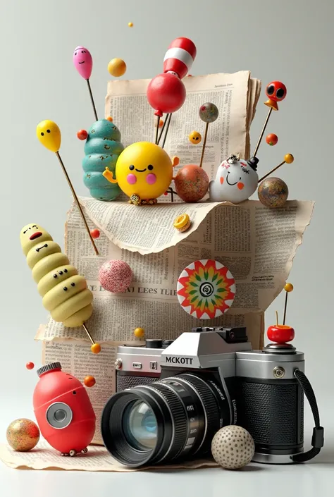 Create an image with pins, emojis, newspapers and cameras