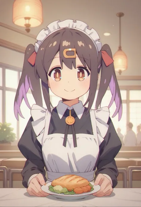 oyama mihari, hair ornament, hairclip, dark brown hair, brown eyes, purple pigtails, solo, smiling, wearing maid outfit, in cafe setting