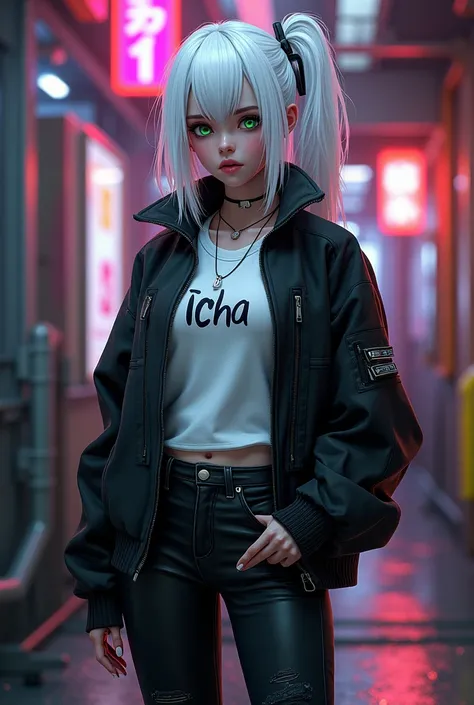 Kizi pele caucasiana, 17 year, White hair, wearing black jeans, wearing black boots, White T-Shirt and her name ICHA has written on that with black aviator jacket, greeneyes,curved body, cocked ass, cyberpunk atmosphere, Raby, アニメ, Mullet, upper body, Char...