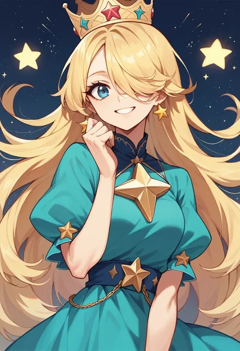 masterpiece,best quality,1girl,blonde hair,aqua dress,blue eyes,crown,hair over one eye,star (symbol),star earrings, smile