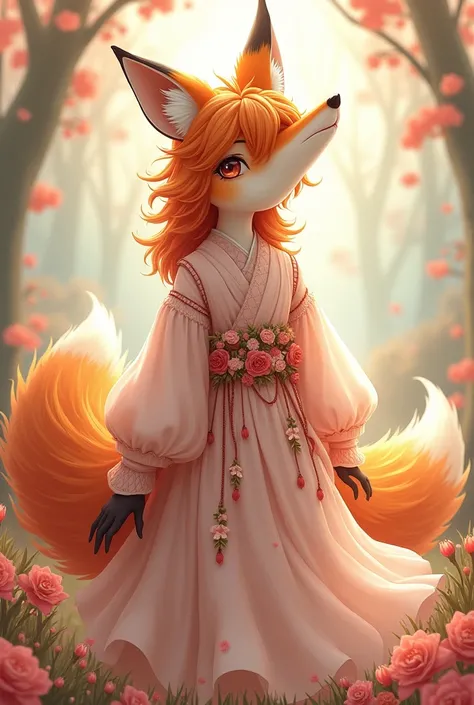  furry fox with long hair and flowery anime style clothes 