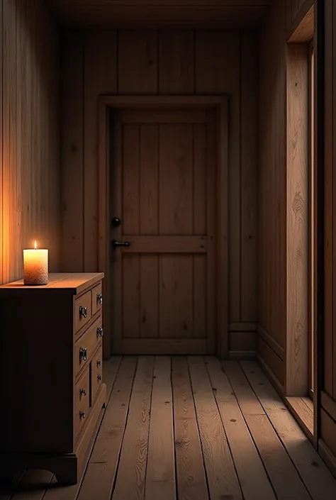 (photorealism:1.5), low quality, middle age house, inside of house, angle 45, one wood table on the left, wood floor, one wood drawer on the left top side, one candle on the drawer, a wood door of middle side