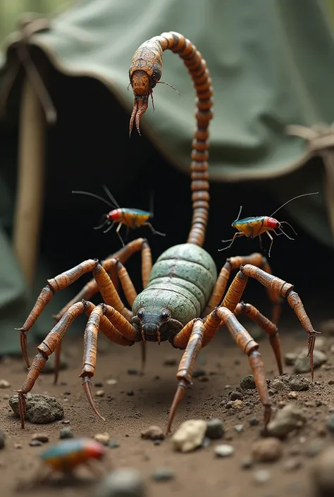 I want you to make an Amblypygius (camp tarp), surrounded by 4 cockroaches