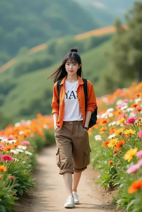 Beautiful Korean Women , smooth white skin, well-groomed face,black hair, tied up Korean style,bangs.eksfresi coll. Orange shirt. white t-shirt with letter logo (S) brown knee length cargo pants,backpack,black watch,white shoes,berpose,eyes focused forward...