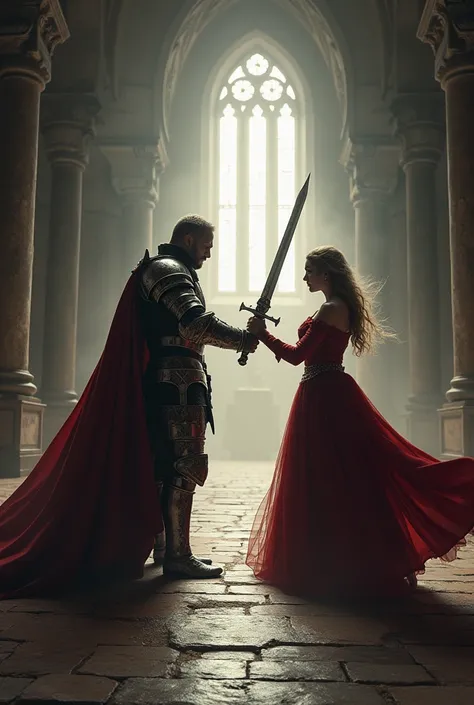 a royal knight protecting a princess, dark fantasy, medieval castle, sword fighting, elegant warrior, heroic pose, detailed armor, intricate sword, dramatic lighting, cinematic composition, muted color palette, rich textures, dramatic shadows, highly detai...