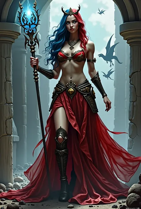 A woman inspired by the world of Diablo 4. with piercing blue eyes, Her outfit is a mix of armor and red fabric and she wears a long, flowing skirt., with ancient symbols, his chest is bare, wears a necklace of ,urcielago y jna golden tiara, Her wavy hair ...