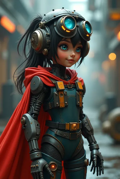 Photo (cute) Apprentice mechanic girl. Her gaze is sharp, Her face is hidden under a mask with monitors and LEDs.. Graceful mechanical limbs complete her elegant look., Her outfit emphasizes her strength and uniqueness in the technology world., Big Head, c...