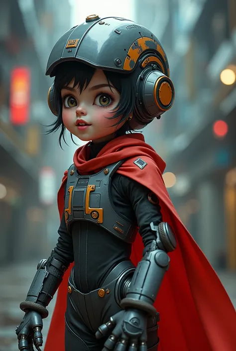 Photo (cute) Apprentice mechanic girl. Her gaze is sharp, Her face is hidden under a mask with monitors and LEDs.. Graceful mechanical limbs complete her elegant look., Her outfit emphasizes her strength and uniqueness in the technology world., Big Head, c...