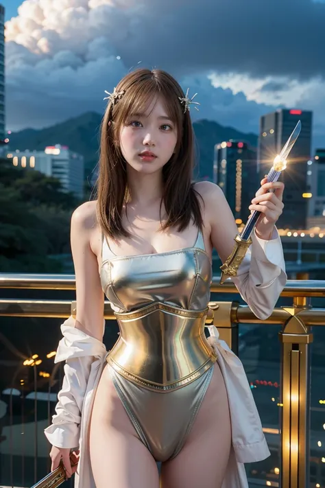 (masterpiece, best quality), A paladin holding a light infused sword, light magic, divine, magewave, silver and gold, 4k, dark cityscape, Fujifilm