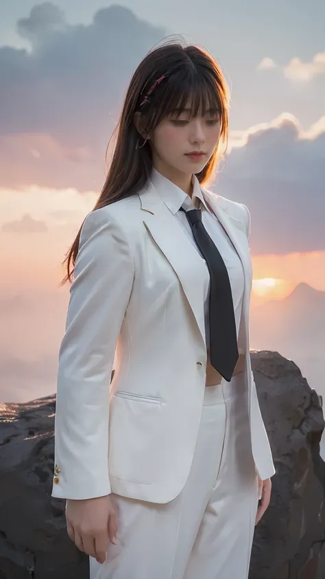 ((Masterpiece, best quality, very detailed), Volumetric light, surrounding occlusion, Rich and colorful, glow), 1 woman, lonely, young girl, (Black bangs), long hair, radius, wind energy, sacred, goddess, CEO vibe, (White suit with :Red necktie1.3), armor,...