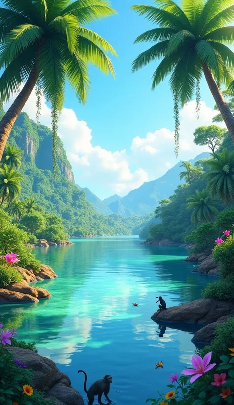 A beautiful lake with crystal clear waters in the heart of a lush tropical jungle. The lake reflects the blue sky and is surrounded by lush vegetation, with tall trees, hanging vines, and brightly colored flowers adding a vibrant touch to the landscape. In...