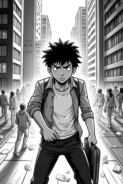 Create a black and white manga-style image referencing the job market