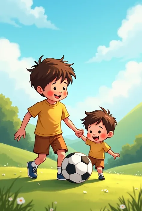 Drawing of two boys, one big and the other baby with brown hair, playing soccer
