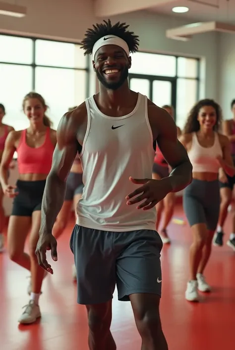 the tennis player Frances Tiafoe teaching an aerobics class, using a white head band. 