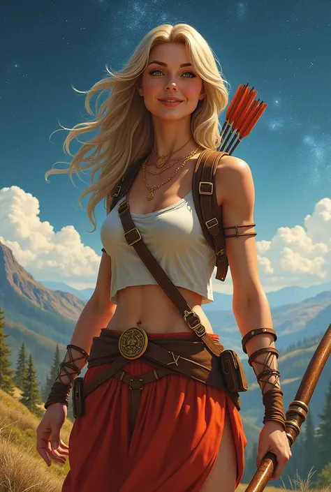 “Create a detailed and realistic female character representing Sagittarius. She should appear adventurous and optimistic. Dress her in bold, vibrant colors with archery or travel motifs. The background can be a wide, expansive landscape or a starry night s...