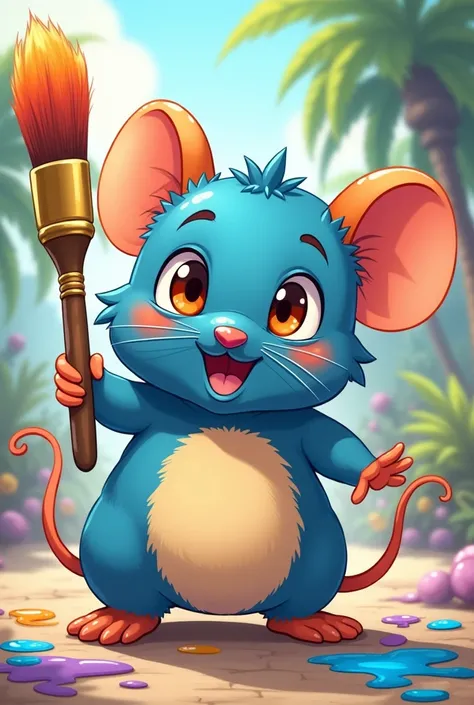 Blue and orange rat furry holding a large paintbrush in an cute anime art style