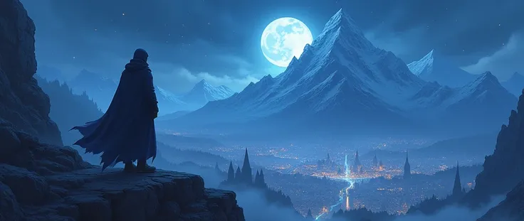 Video game art, fantasy RPG cover, fantasy world with mountains and magical cities, at night and with low lighting. Fantasy art, Digital art, Video game style, anime style