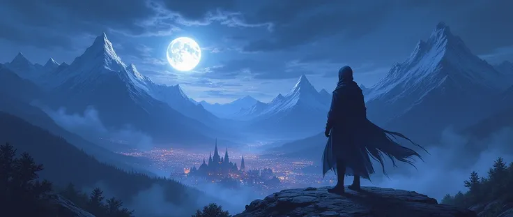 Video game art, fantasy RPG cover, fantasy world with mountains and magical cities, at night and with low lighting. Fantasy art, Digital art, Video game style, anime style