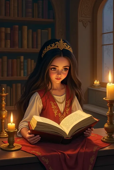 Illustrate Princess Enas a young girl with long dark hair, dressed in traditional Turkish attire back in her palace library, reading the ancient book by candlelight. The atmosphere should be peaceful and studious, with the princess deeply engaged in her re...