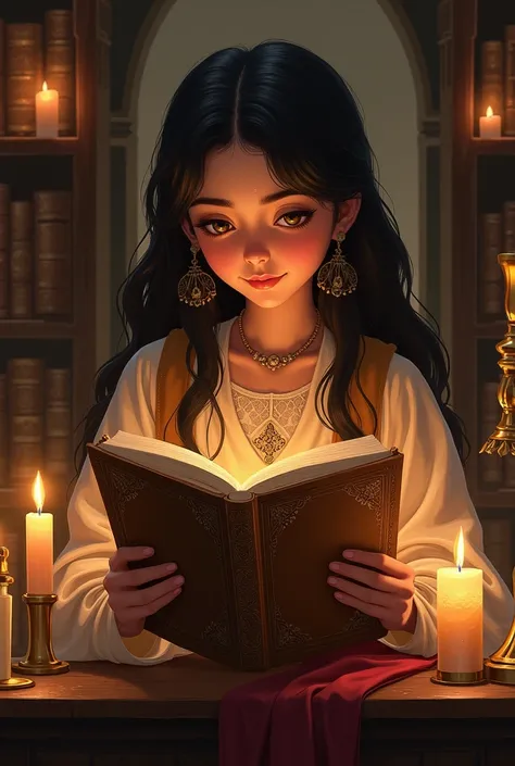 Illustrate Princess Enas a young girl with long dark hair, dressed in traditional Turkish attire back in her palace library, reading the ancient book by candlelight. The atmosphere should be peaceful and studious, with the princess deeply engaged in her re...