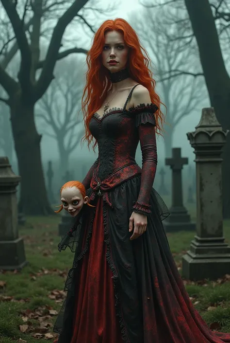 Beautiful image of a beautiful red-haired woman in full body costume from the movie Beetlejuice,  Beetlejuice and the little head character from the movie Beetlejuice, in a cemetery, in high definition 4k, real and very clear